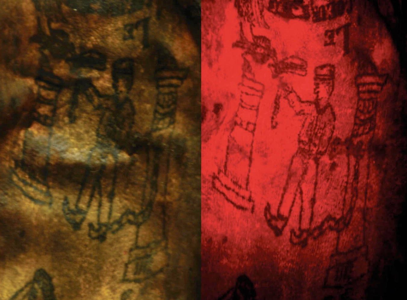 Using multispectral lights and filters (right), researchers were able to see additional details of some of the tattoos, including a uniformed figure chained to a pillar.
