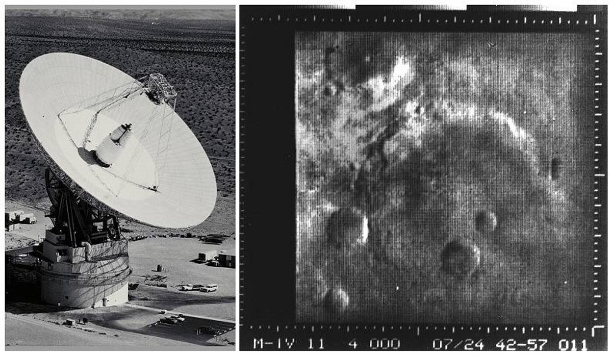 The 64-meter antenna in Goldstone, California, received signals from <em>Mariner 4</em>, including images and video (center), in 1966.