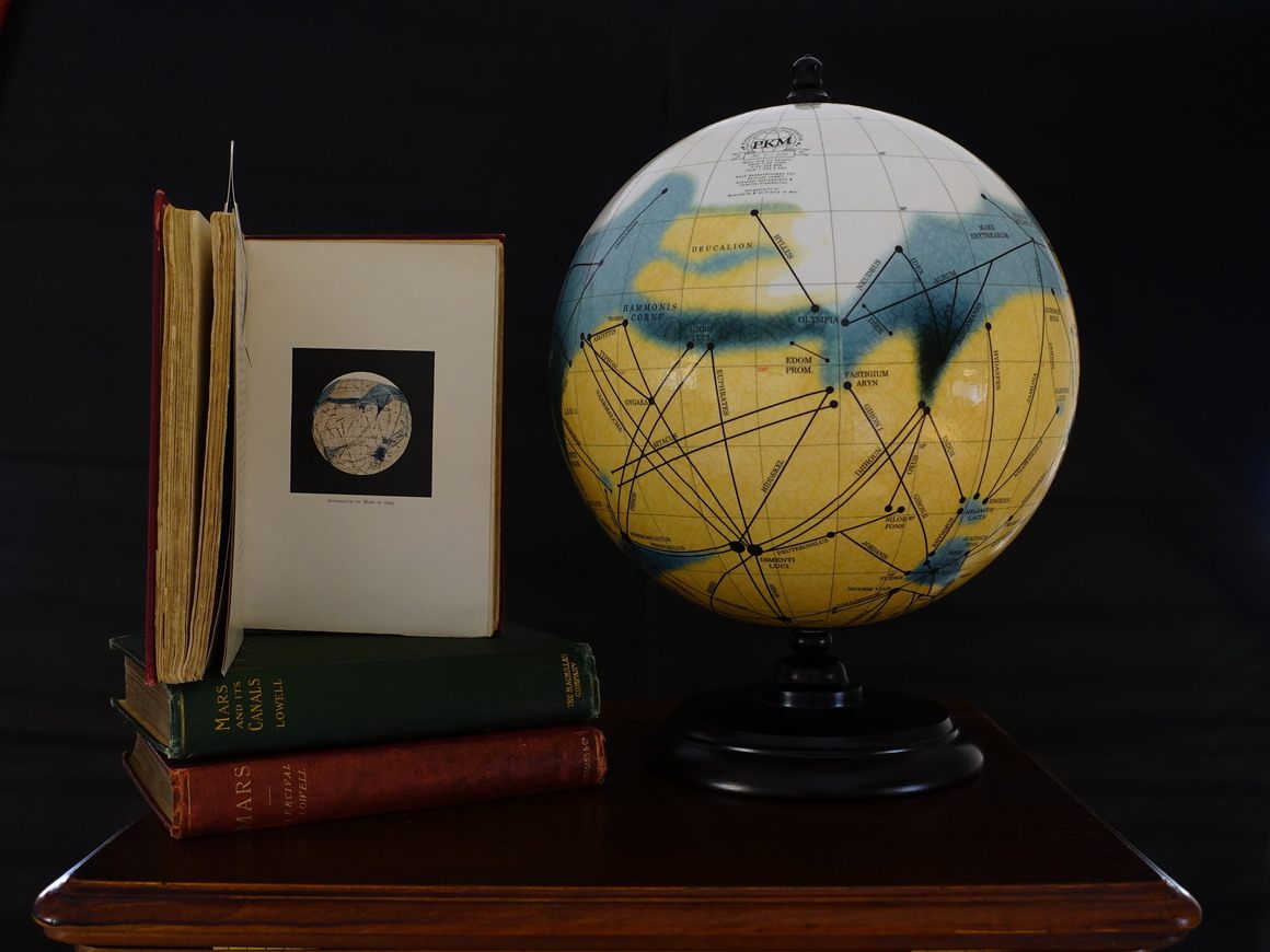 A globe of Mars on display at Michael Plichta's globe manufactory, Planetenkugel-Manufaktur. 