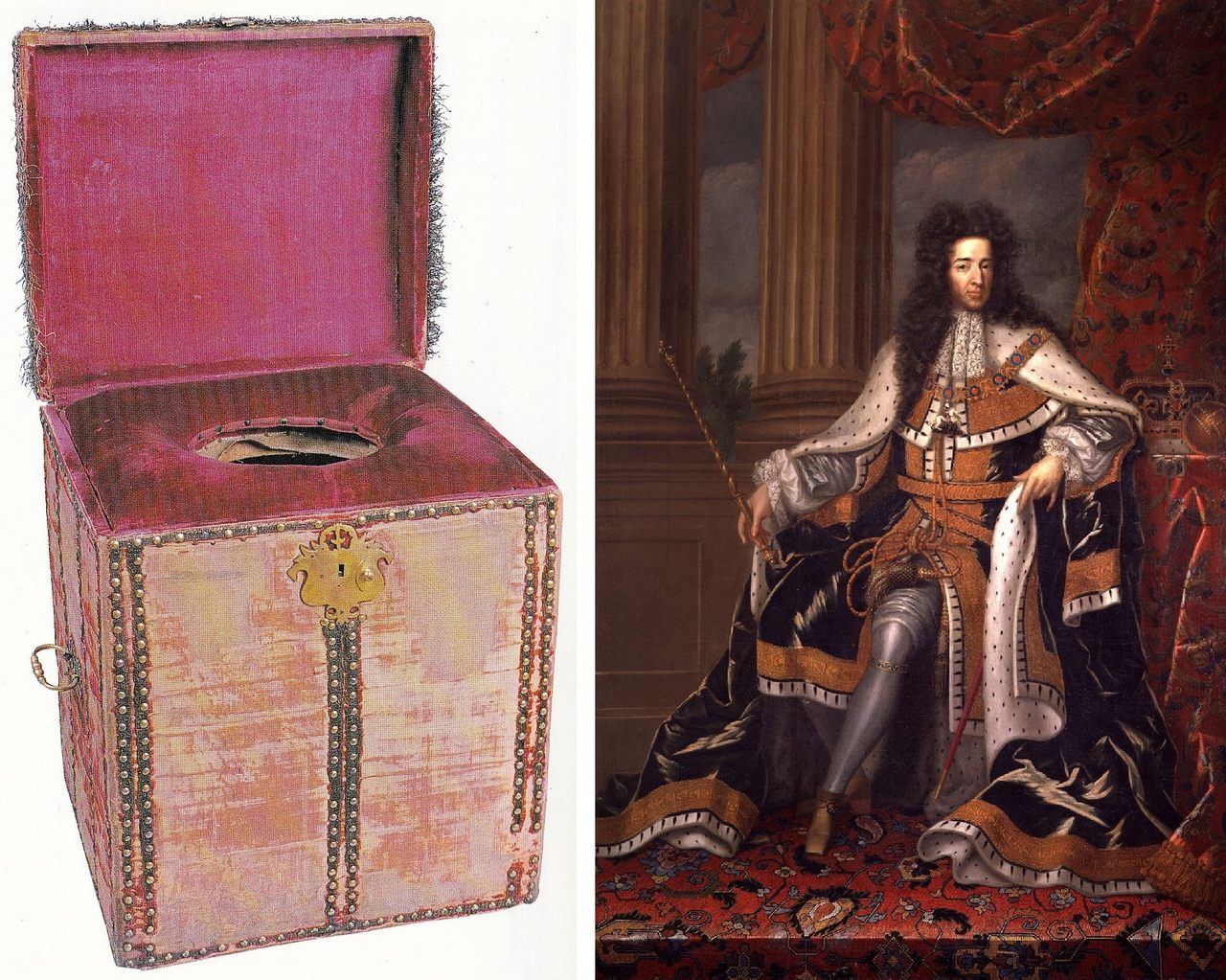 King William III and his mid-17th century "close stool," which is on display at Hampton Court.
