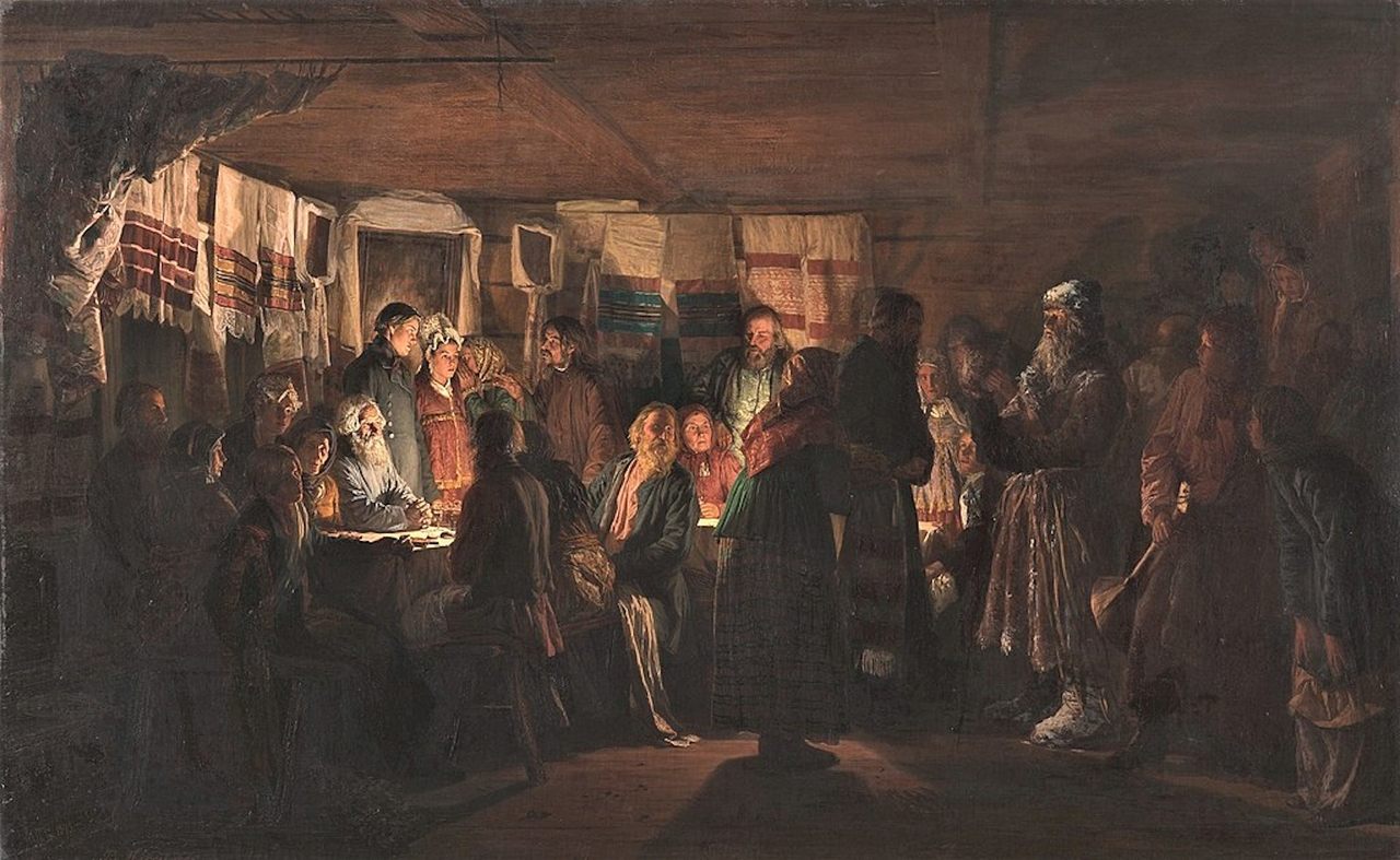 "A Sorcerer Comes to a Peasant Wedding," a 19th-century painting by Russian artist Vassily Maximov.