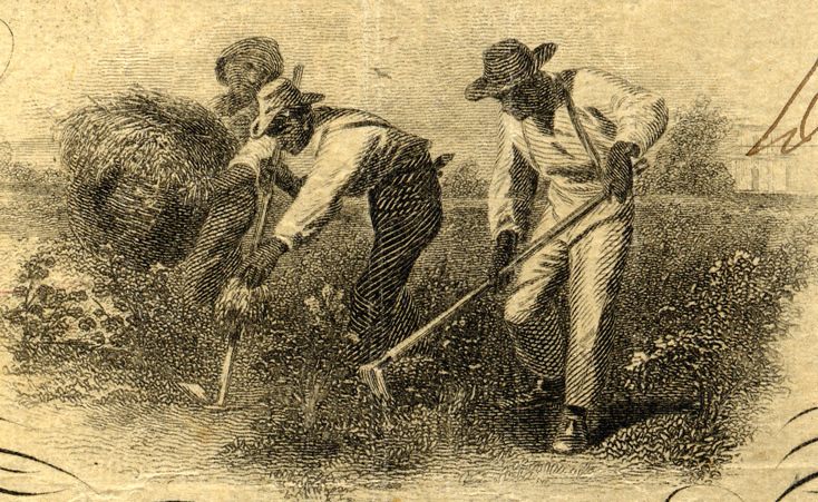 A closer look at the image of slaves working in a field that was on the $100 note issued in 1862.
