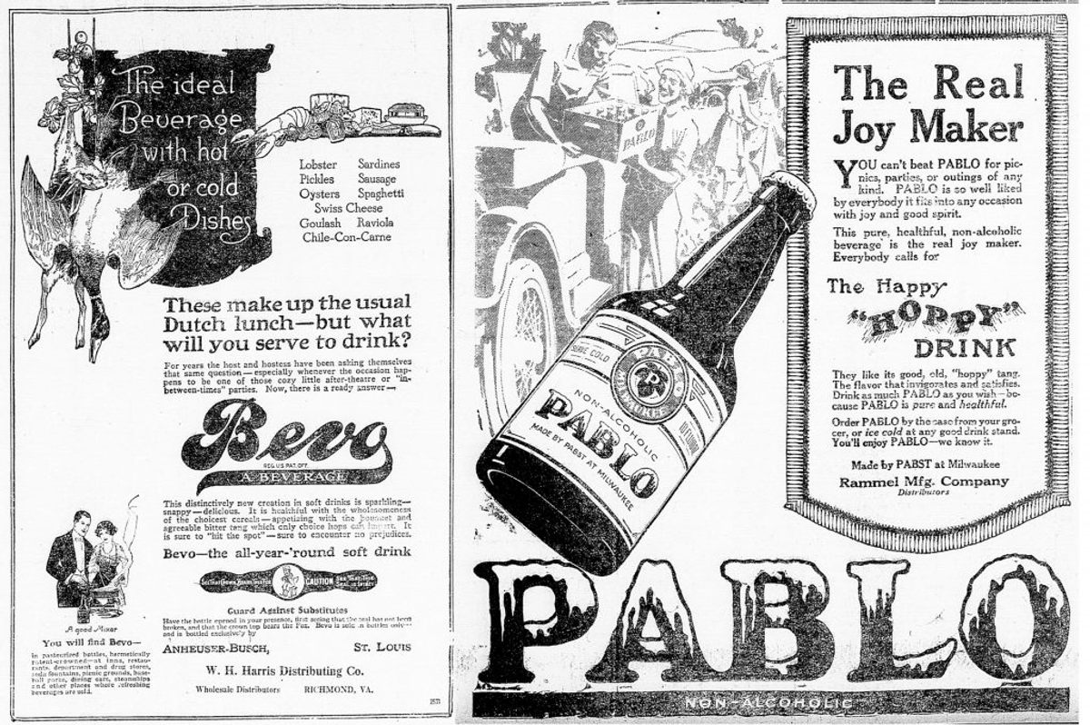 Ads for Bevo and Pablo, the near beers made by Anheuser-Busch and Pabst, in the Alexandria Gazette.
