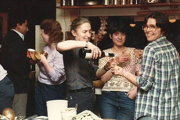 Posing for a picture at Bloodroot restaurant, 1977 or '78.