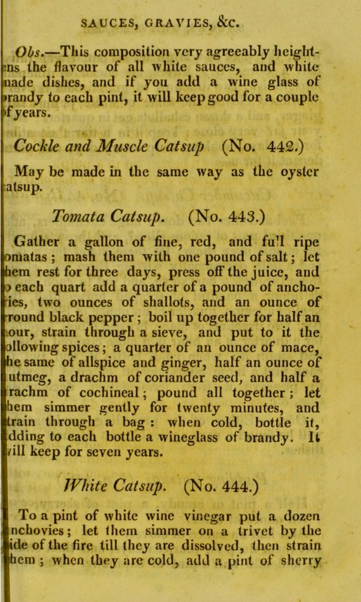 A recipe for Tomato Catsup in the 1817 British cookbook titled <em>Apicius redivivus; or The cook's oracle</em>, by William Kitchiner.