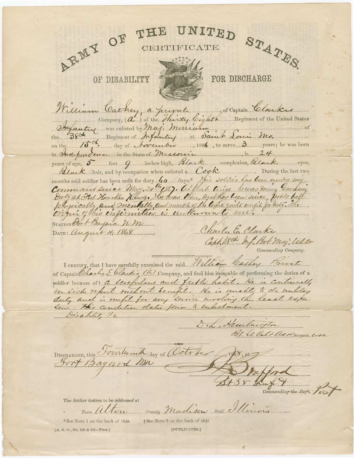 Cathay's army disability discharge certificate.