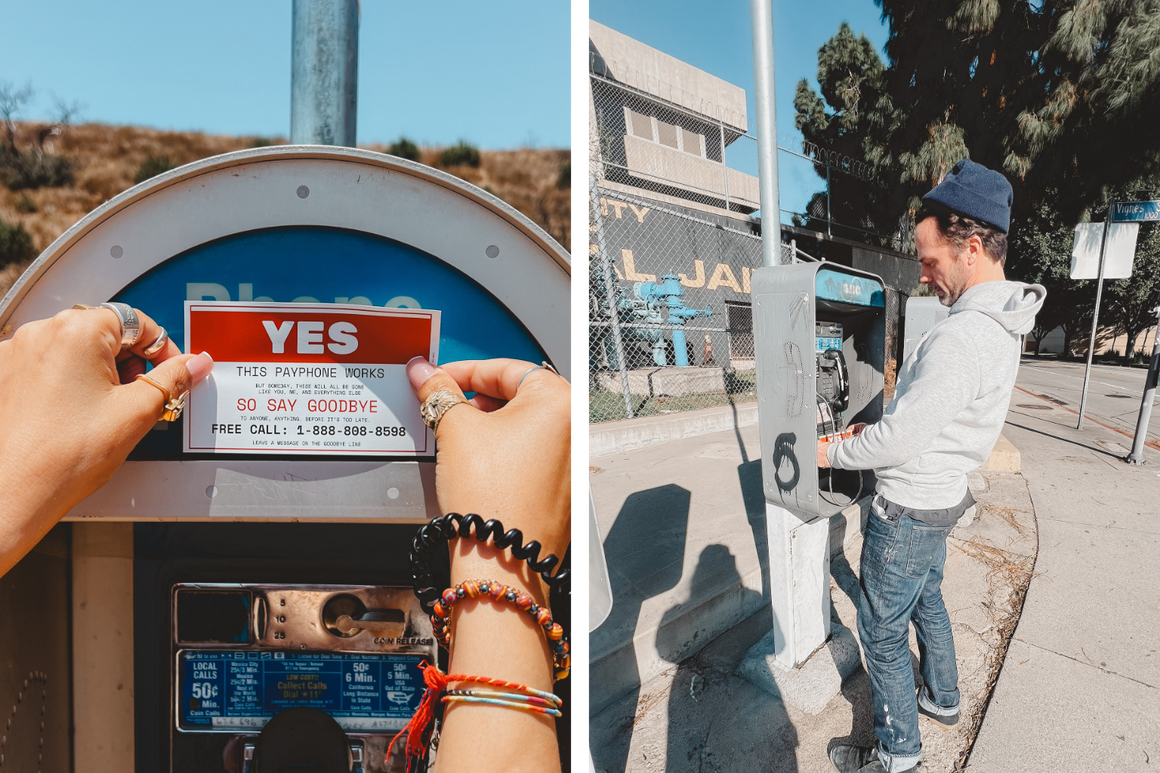 Left: me putting up a sticker. Right: Adam doing the same. Somewhere nearby, Jeff was probably preparing to undo our work.