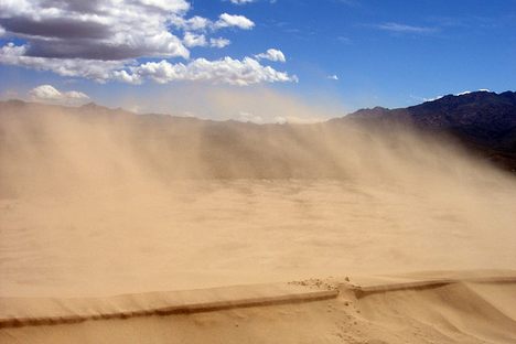 Sand blowing off a crest in the Kelso Dunes.