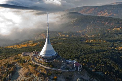 Ještěd Tower seen from above.