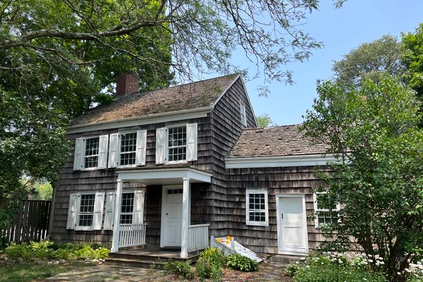The front of the farmhouse where Walt Whitman was born. The house was built by his father, Walt Whitman Sr.