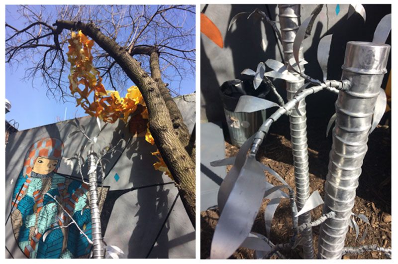 The show includes garlands made from detergent bottles and bamboo stalks made from cans of cat food.