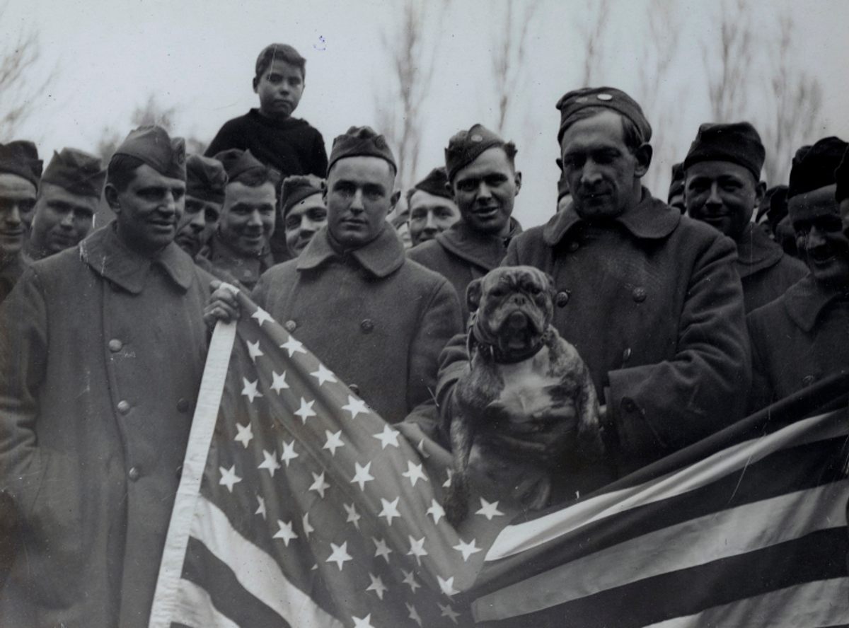 John Bull, the mascot of the 77th Aero Force, the first American troops to return to America from England. John Bull once belonged to an English Major-General.