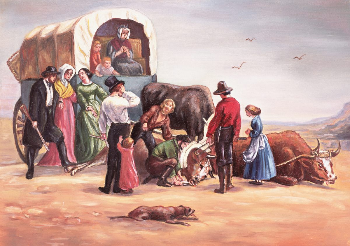 An artist's rendering of the doomed Donner-Reed Party in 1846.