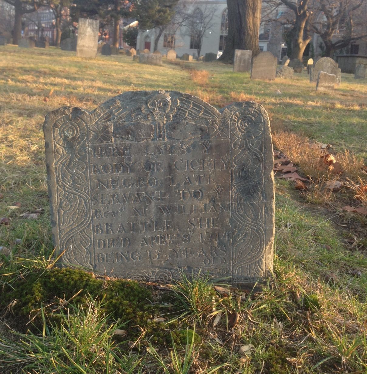 The gravestone of Cicily, "servant to Reverend M. William Brattle," in the Old Burying Ground in Cambridge.