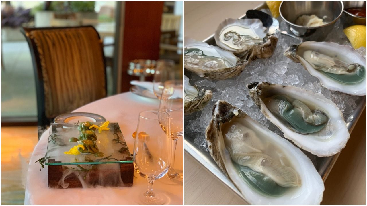 Serving green gill oysters in "oyster soup dumplings" at Herons (left) and oysters from N Sea Oyster Company (right).