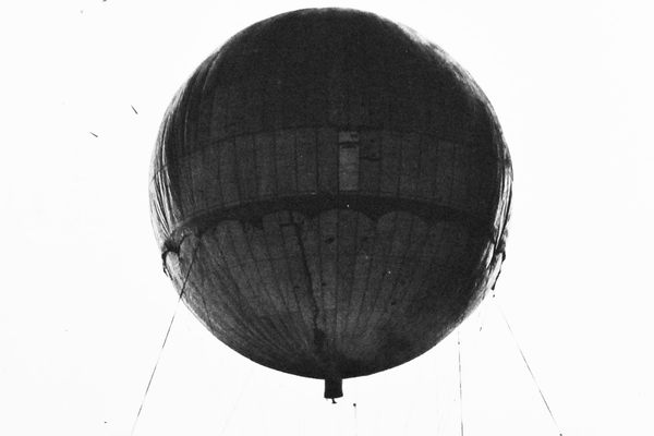 Completed Japanese balloon is inflated for laboratory tests at a California base, recovered in 1945.