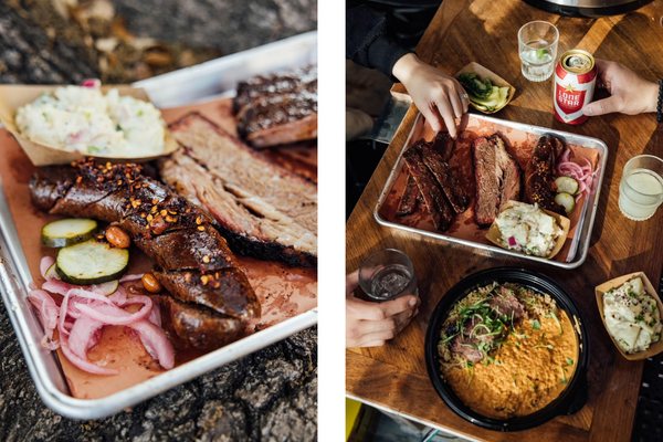 At Houston’s Khói Barbecue, a full table includes spare ribs, brisket, a Sichuan fennel link, and smoked beef panang curry. 