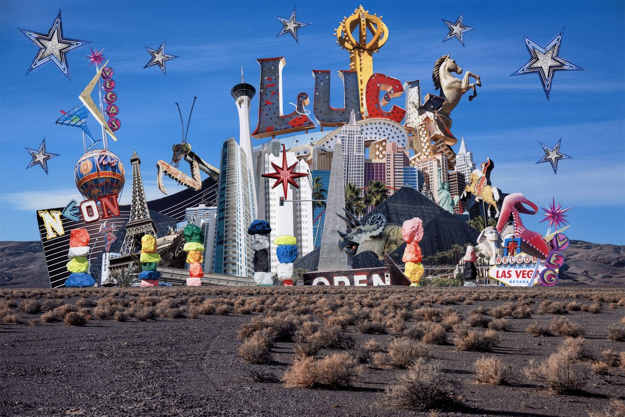 <em>Vacation Delirium</em> by Francesca Berrini and Lindsey Rickert uses original photography and found ephemera to capture Las Vegas' idiosyncratic luster by way of a traditional postcard. 
