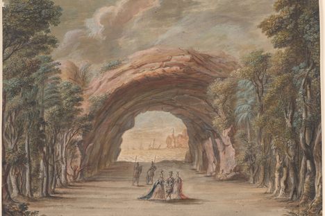 A Torelli set known as “Sea with Ships seen through a Rocky Cavern." Likely originally designed for a failed 1647 production of Orpheus, it was reused in 1650 for Andromeda.