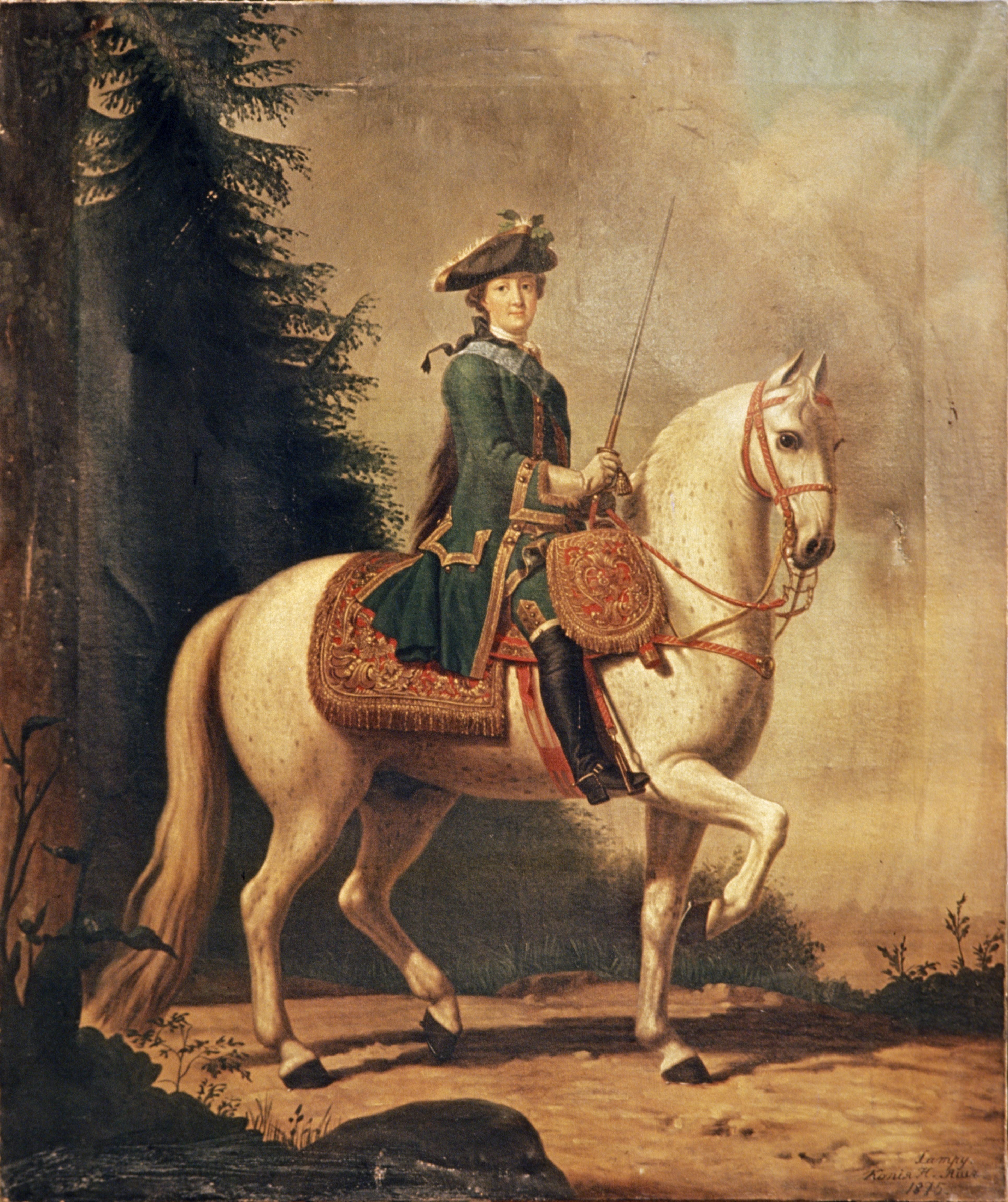 This 1762 painting depicts Catherine the Great in the same traditionally male guard uniform Elizabeth had worn. Catherine triumphantly donned it following her coup.