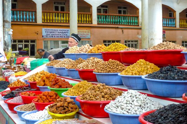 Nuts and dried fruit on display at Panjshanbe Bazaar.