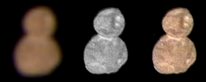 The image at right is a composite of the color data and the higher-resolution image of the surface features, which were collected with different instruments at various distances.