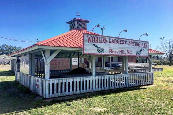 The World's Largest Frying Pan is found inside this gazebo in Rose Hill, N.C.