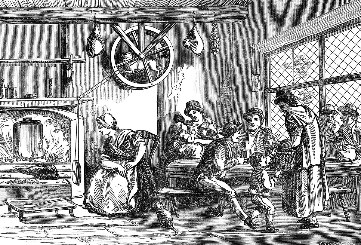 A turnspit dog at work in the inn at Newcastle, Carmarthen, Wales, c. 1800.