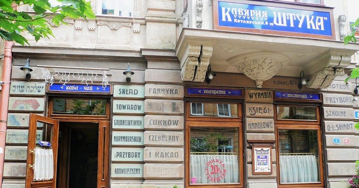 Sztuka Cafe features some of Lviv's best-preserved prewar hand-painted signs in Polish and Yiddish.