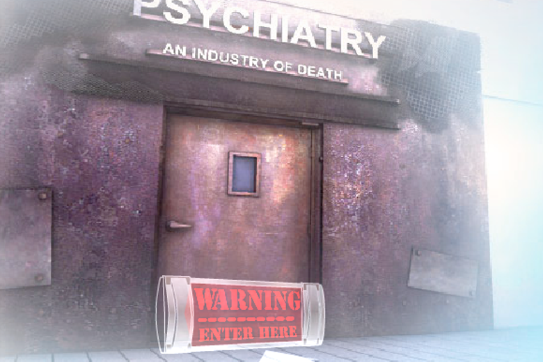 A weathered metal door with a small window sits beneath a sign reading Psychiatry: An Industry of Death.