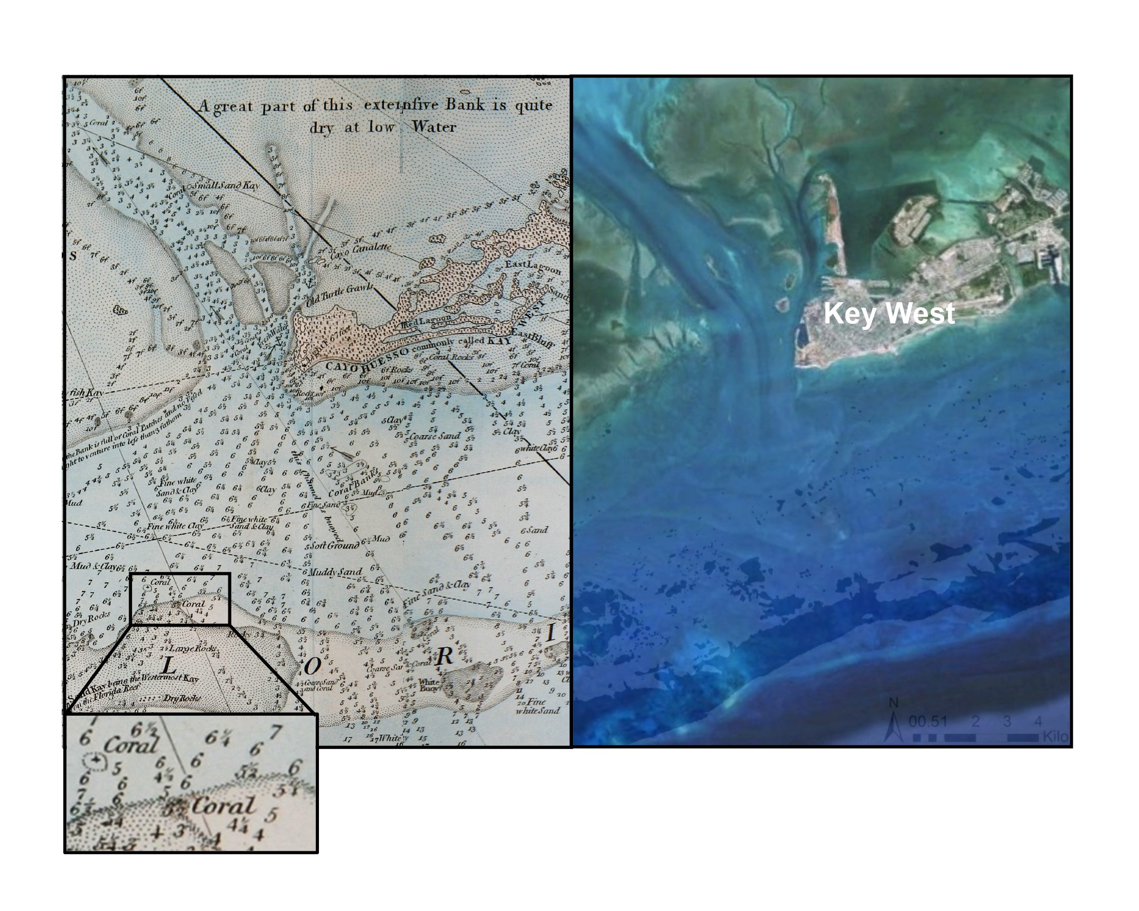 George Gauld's 1774 chart of the Keys (left), and a modern-day coral habitat map (right).