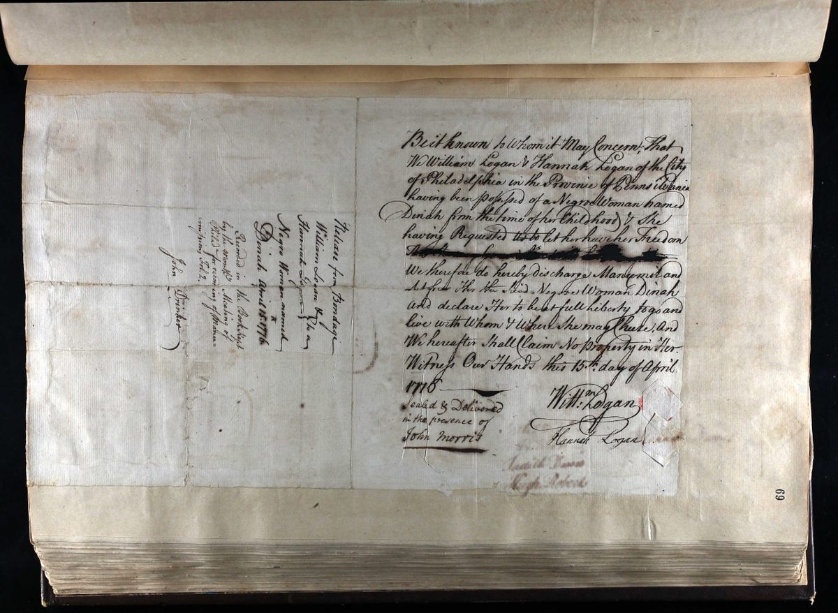This manumission document from 1776, in the Quaker Collection of Haverford College Library, marks the start of Dinah's freedom from slavery.