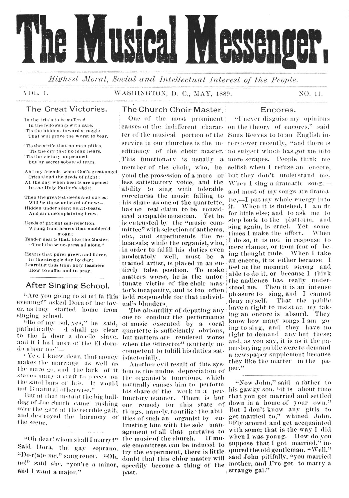 The first page of the May 1889 edition of <em>The Musical Messenger</em>.