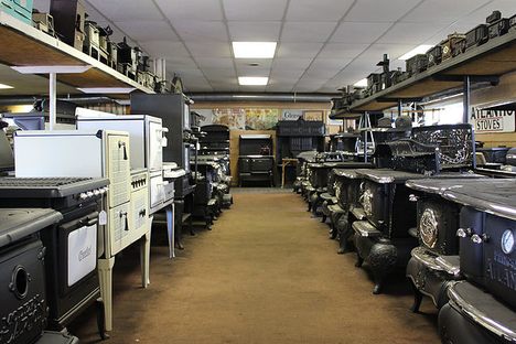 Ornate antique stoves on display at Bryant Stove & Music