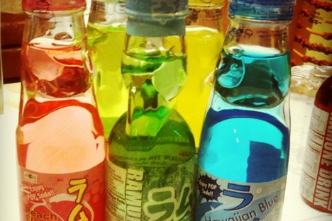 Ramune comes in a wide variety of flavors, including peach and Hawaiian Blue.