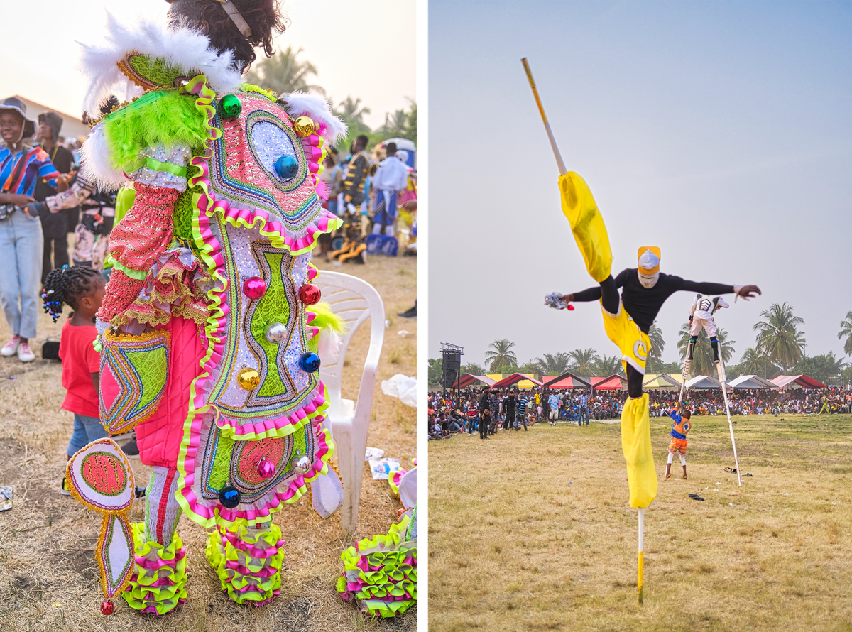 In addition to colorful decorations, some performances involve stilts and extraordinary displays of skill and strength.