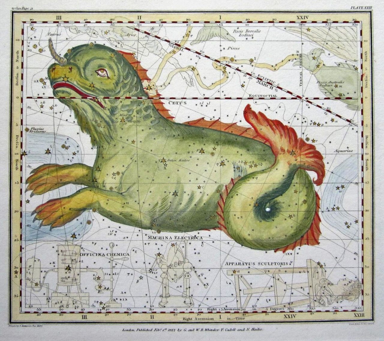 Jamieson's <em>Celestial Atlas</em>, from 1822, included many creatures from Greek mythology, including Cetus, a sea monster. 