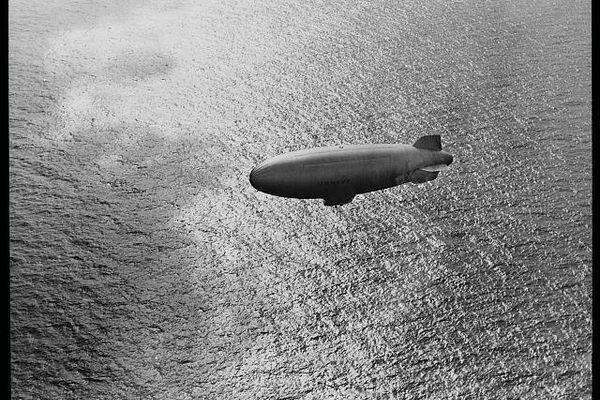 A U.S. Navy blimp cruises over the Atlantic in 1943.