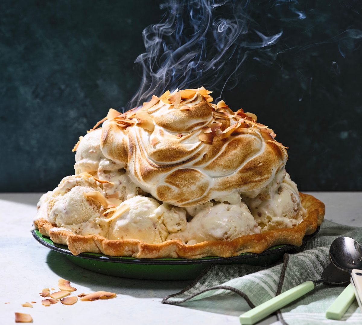 A triple coconut cream pie ice cream gets its textural contrast from shortbread crumble.
