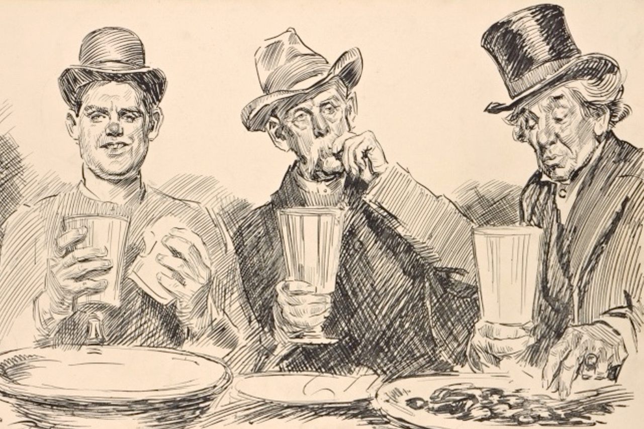 Three men feast on free lunch in this drawing by Charles Dana Gibson.