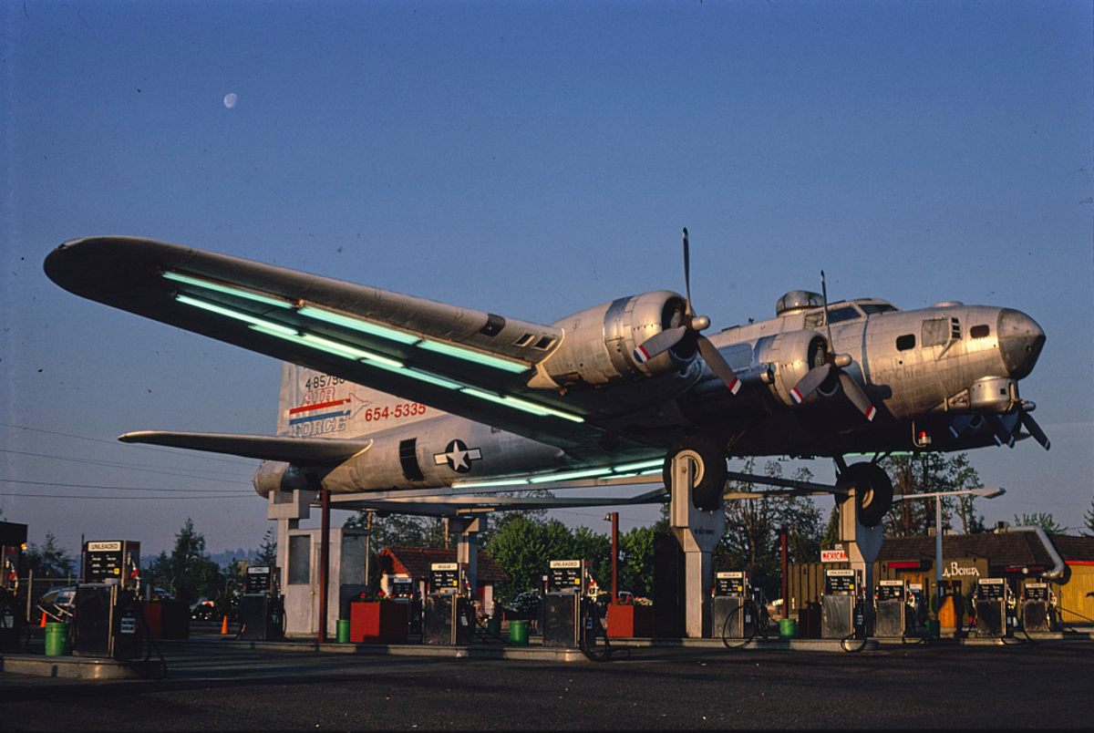 This gas station on Route 99 in Milwaukie, Oregon, photographed in 1980, was topped with a B-17G bomber named Lacey Lady, which is now being restored by the B-17 Alliance Foundation in Salem, Oregon.