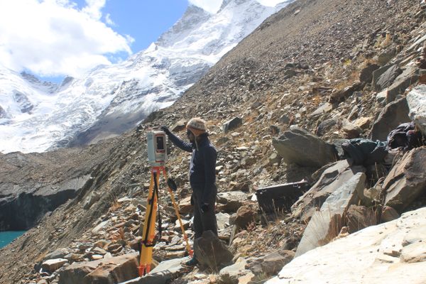 A glacier researcher at work in the Himalayas.
