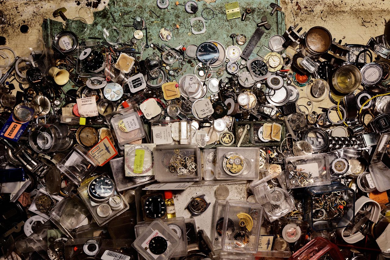 <em>21-12</em>, 2018, a view of the work surface of a watchmaker.  