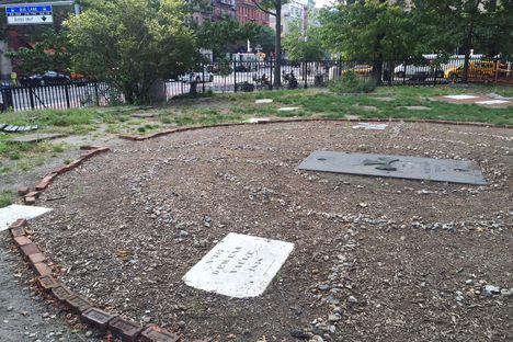 St Mark's cemetery as it appears today. While Stewart's stone is not present, the vault his body was stolen from should be somewhere beneath the "T" in the labyrinth stones.