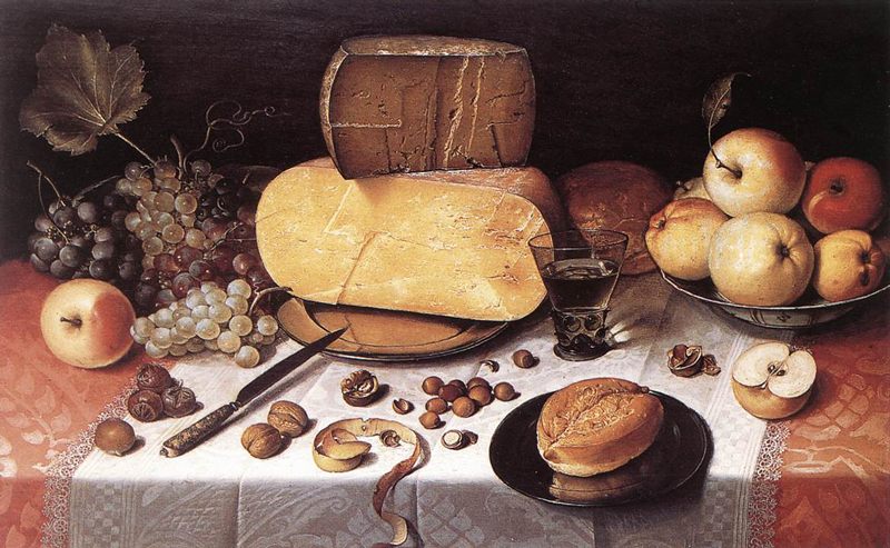 <em>Still-Life with Fruit, Nuts and Cheese</em> by Floris van Dijck c. 1613.