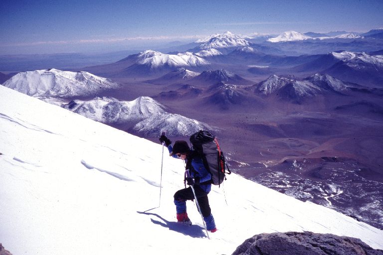 High-altitude archaeologist Constanza Ceruti climbs towards the highest archaeological site on Earth at the top of the 22,110-foot-tall Mount Llullaillaco in Argentina.