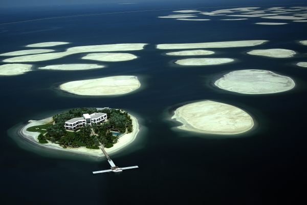 An aerial view of a few of the artificial islands that make up the development project known as The World, a short boat ride from the coast of Dubai.