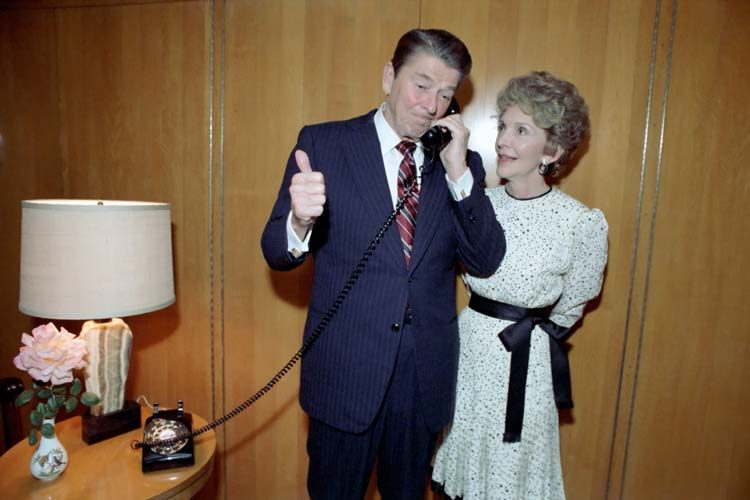 President Reagan receiving Walter Mondale's concession call in 1984.