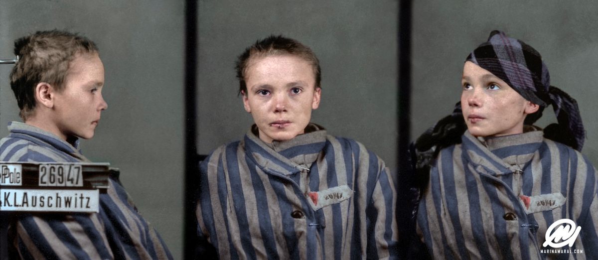 Czeslawa Kwoka, age 14, in a prisoner identity photo provided by the Auschwitz Museum, colorized by Marina Amaral.