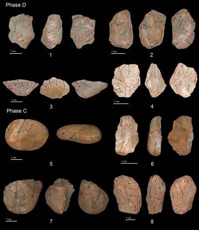 Some of the microlith cores, marked to show how sharp, smaller pieces of stone were taken off of them.